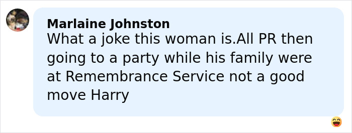 Comment criticizing Meghan Markle’s Veterans Day post, mentioning Prince Harry and remembrance service controversy.