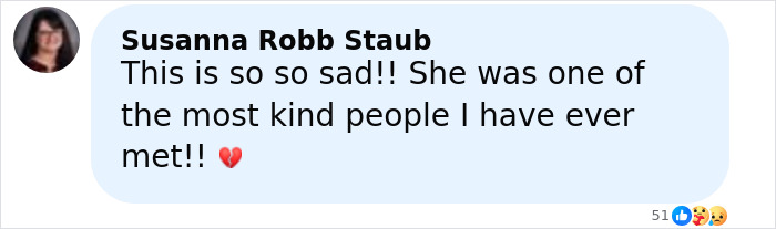 Comment expressing sadness about a former news anchor who took her own mother’s life on Halloween.