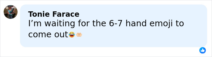 Comment by Tonie Farace expressing anticipation for the 6-7 hand emoji related to the viral 6,7 meme discussion. Comment by Tonie Farace expressing anticipation for the 6-7 hand emoji related to the viral 6,7 meme discussion.