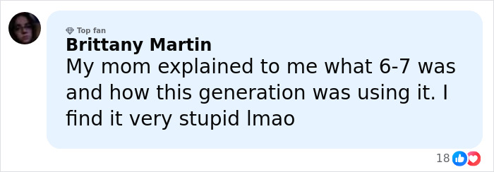 Comment by Brittany Martin explaining the viral 6-7 meme and generational differences in understanding it online. Comment by Brittany Martin explaining the viral 6-7 meme and generational differences in understanding it online.
