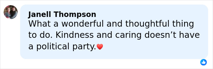 Comment from Janell Thompson praising kindness and caring beyond political party, shown with a heart emoji. Comment from Janell Thompson praising kindness and caring beyond political party, shown with a heart emoji.