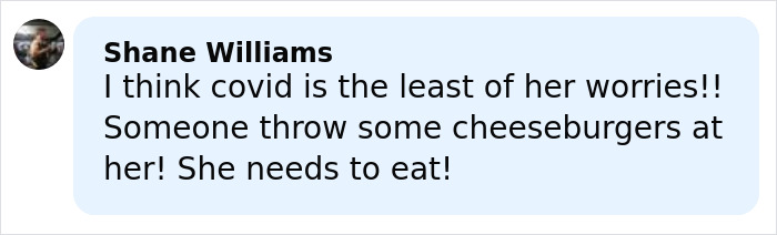 Comment by Shane Williams criticizing Ariana Grande’s health and urging fans to support her with food. Comment by Shane Williams criticizing Ariana Grande’s health and urging fans to support her with food.