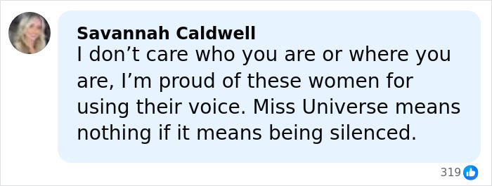 Comment from Savannah Caldwell supporting women speaking out at Miss Universe after controversy involving Miss Mexico and VP's comment. Comment from Savannah Caldwell supporting women speaking out at Miss Universe after controversy involving Miss Mexico and VP's comment.