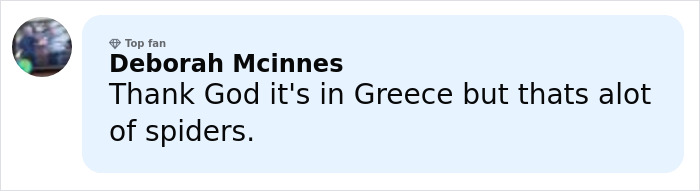 Comment from Deborah Mcinnes expressing relief that the world’s biggest spider web is in Greece despite many spiders. Comment from Deborah Mcinnes expressing relief that the world’s biggest spider web is in Greece despite many spiders.