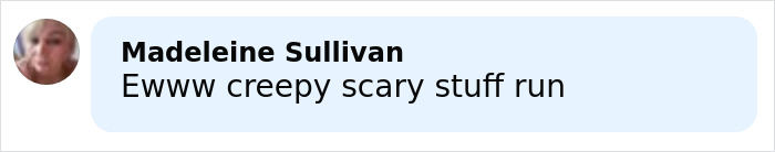 Comment from Madeleine Sullivan expressing fear about creepy and scary stuff in a chat bubble on a light blue background. Comment from Madeleine Sullivan expressing fear about creepy and scary stuff in a chat bubble on a light blue background.