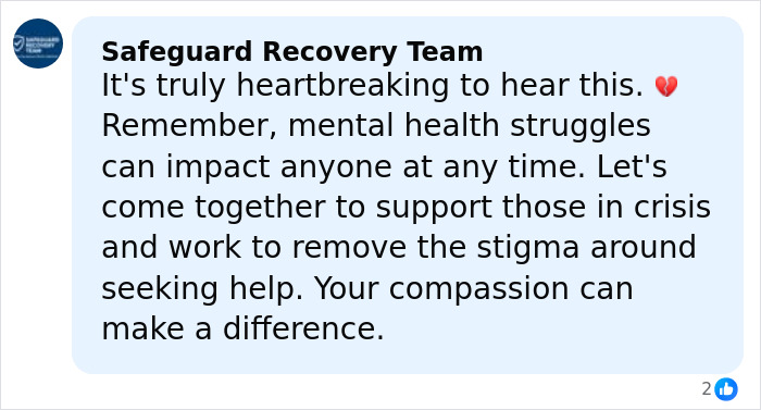 Screenshot of Safeguard Recovery Team comment emphasizing mental health support and stigma removal in crisis situations. Screenshot of Safeguard Recovery Team comment emphasizing mental health support and stigma removal in crisis situations.