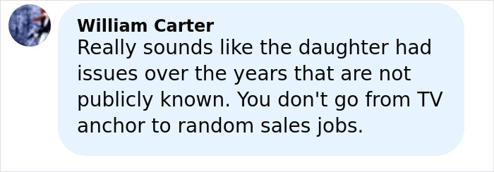 Comment by William Carter discussing the former news anchor’s personal struggles leading to drastic actions.