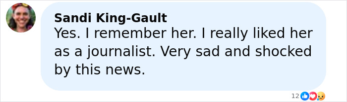 Comment from Sandi King-Gault expressing sadness and shock about former news anchor incident involving her own mother on Halloween. Comment from Sandi King-Gault expressing sadness and shock about former news anchor incident involving her own mother on Halloween.