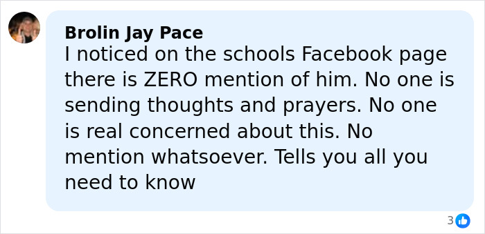Comment on Facebook highlighting lack of mention or concern about missing football coach case on school's page. Comment on Facebook highlighting lack of mention or concern about missing football coach case on school's page.