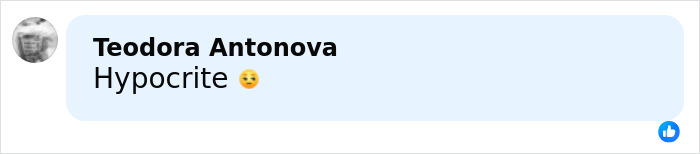 Comment from Teodora Antonova calling someone a hypocrite with a winking emoji on a social media platform. Comment from Teodora Antonova calling someone a hypocrite with a winking emoji on a social media platform.