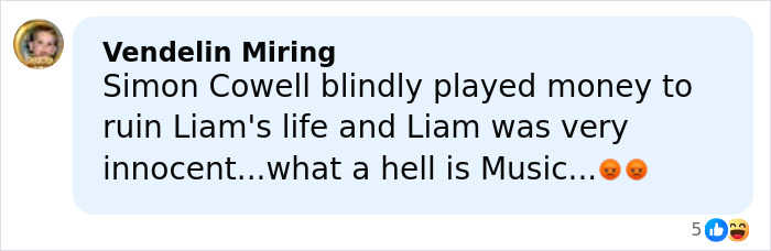 Comment by Vendelin Miring blaming Simon Cowell for Liam Payne's mental collapse, expressing anger about the music industry. Comment by Vendelin Miring blaming Simon Cowell for Liam Payne's mental collapse, expressing anger about the music industry.