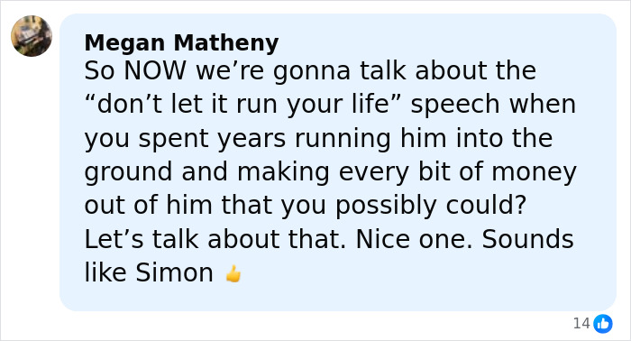 Comment criticizing Simon Cowell, referencing blame and mental health issues related to Liam Payne in a social media post. Comment criticizing Simon Cowell, referencing blame and mental health issues related to Liam Payne in a social media post.