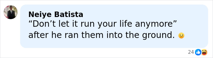 Comment from Neiye Batista expressing a cautionary message about controlling life after a difficult experience. Comment from Neiye Batista expressing a cautionary message about controlling life after a difficult experience.