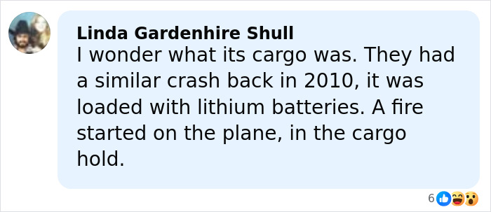 Comment discussing a UPS plane crash cargo fire, referencing a similar incident involving lithium batteries in 2010. Comment discussing a UPS plane crash cargo fire, referencing a similar incident involving lithium batteries in 2010.