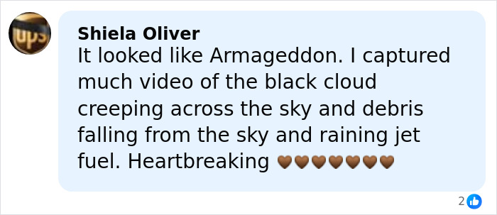 Comment describing UPS plane crash footage with black cloud, debris, and jet fuel raining from sky after crash. Comment describing UPS plane crash footage with black cloud, debris, and jet fuel raining from sky after crash.