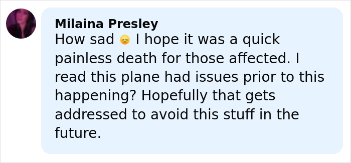 Comment expressing sadness and hope for a quick painless death in UPS plane crash with multiple casualties. Comment expressing sadness and hope for a quick painless death in UPS plane crash with multiple casualties.