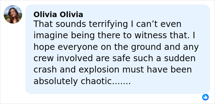 Comment from Olivia Olivia expressing concern about a terrifying UPS plane crash causing chaos and hoping for safety of crew and bystanders. Comment from Olivia Olivia expressing concern about a terrifying UPS plane crash causing chaos and hoping for safety of crew and bystanders.