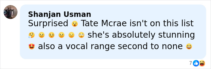 Comment mentioning surprise that Tate Mcrae is not listed among most beautiful celebrities according to the golden ratio with emojis. Comment mentioning surprise that Tate Mcrae is not listed among most beautiful celebrities according to the golden ratio with emojis.