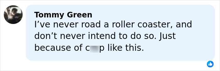 Comment by Tommy Green expressing fear of riding roller coasters after hearing about a seat belt incident on a 205-foot drop ride.