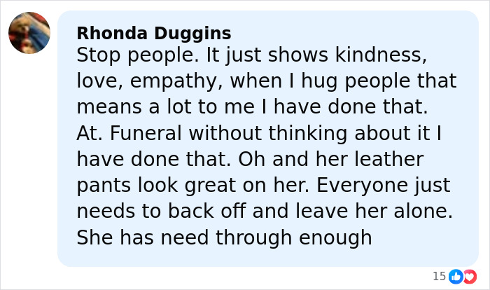 Comment from Rhonda Duggins defending Erika Kirk during viral inappropriate hug controversy with JD Vance. Comment from Rhonda Duggins defending Erika Kirk during viral inappropriate hug controversy with JD Vance.