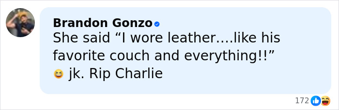 Comment from Brandon Gonzo joking about wearing leather like a favorite couch, with laughing reactions shown beneath. Comment from Brandon Gonzo joking about wearing leather like a favorite couch, with laughing reactions shown beneath.
