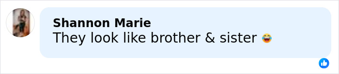 Comment on social media post reading they look like brother and sister with laughing emoji on light blue background. Comment on social media post reading they look like brother and sister with laughing emoji on light blue background.