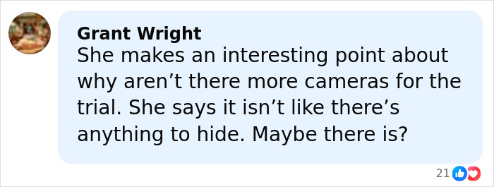 Comment by Grant Wright discussing cameras at the trial while referencing Erika Kirk’s viral inappropriate hug with JD Vance.