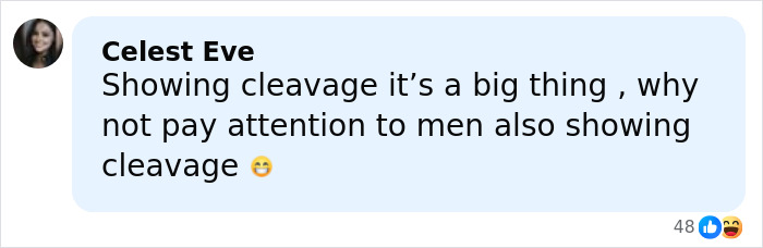 Comment by Celest Eve discussing attention to men and women showing cleavage with an amused emoji reaction. Comment by Celest Eve discussing attention to men and women showing cleavage with an amused emoji reaction.