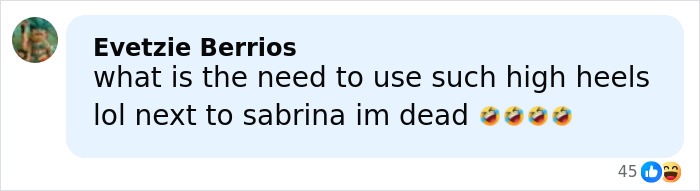 Comment discussing high heels next to Sabrina Carpenter, raising questions about Taylor Swift's friendship and shoe choice.