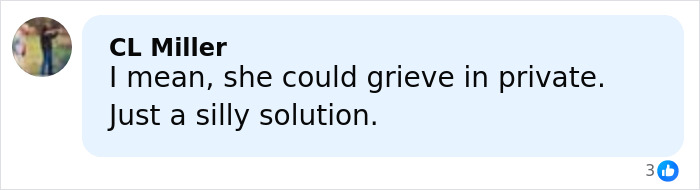 Screenshot of a Facebook comment by CL Miller expressing an opinion about grieving in private related to Erika Kirk's situation. Screenshot of a Facebook comment by CL Miller expressing an opinion about grieving in private related to Erika Kirk's situation.