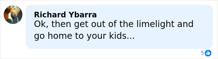Comment by Richard Ybarra criticizing someone for seeking limelight instead of going home to their kids, related to Erika Kirk and JD Vance. Comment by Richard Ybarra criticizing someone for seeking limelight instead of going home to their kids, related to Erika Kirk and JD Vance.