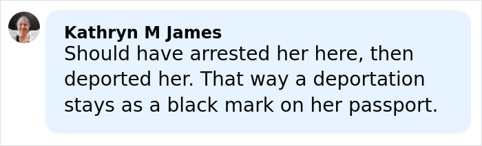 Comment from Kathryn M James on social media discussing arrest and deportation related to baby wombat incident. Comment from Kathryn M James on social media discussing arrest and deportation related to baby wombat incident.