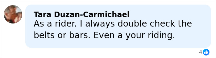 Comment about always double-checking seat belts and bars from a rider’s perspective on a roller coaster safety discussion.