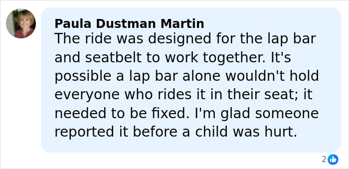 Comment discussing roller coaster safety concerns after a seat belt issue on a 205-foot drop ride.