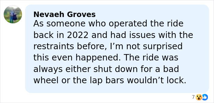 Comment from Nevaeh Groves sharing experience with roller coaster restraints and safety issues in 2022 operation.