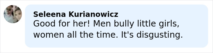 Commenter Seleena Kurianowicz expressing support against bullying and harassment of girls and women in online discussion.