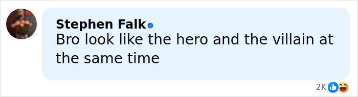 Text comment by Stephen Falk saying bro look like the hero and the villain at the same time, highlighting viral man’s hot mugshot. Text comment by Stephen Falk saying bro look like the hero and the villain at the same time, highlighting viral man’s hot mugshot.