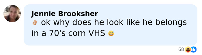 Screenshot of a social media comment joking about a man’s mugshot, referencing a 70’s VHS style look and viral sensation. Screenshot of a social media comment joking about a man’s mugshot, referencing a 70’s VHS style look and viral sensation.