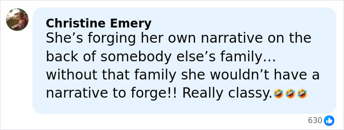 Comment by Christine Emery criticizing Meghan Markle’s makeup-free cover photo and public narrative, with laughing emojis. Comment by Christine Emery criticizing Meghan Markle’s makeup-free cover photo and public narrative, with laughing emojis.