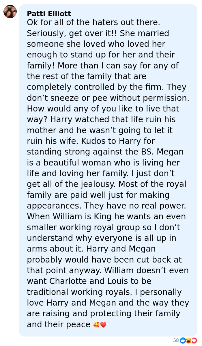 Comment defending Meghan Markle and Harry, praising their family values amid royal family controversies. Comment defending Meghan Markle and Harry, praising their family values amid royal family controversies.