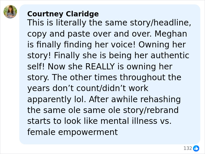 Comment by Courtney Claridge discussing Meghan Markle's makeup-free cover photo and perceptions of female empowerment.