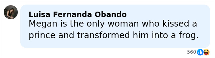 Comment about Meghan Markle’s makeup-free cover photo, humorously referencing a fairy tale transformation. Comment about Meghan Markle’s makeup-free cover photo, humorously referencing a fairy tale transformation.