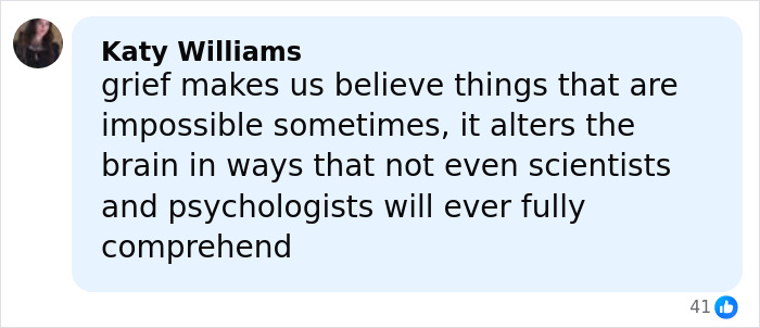 Screenshot of a social media comment discussing grief and belief, related to mom's claim about skinned body in Las Vegas museum.