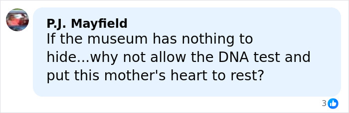 Facebook comment by P.J. Mayfield questioning why DNA testing isn't allowed in skin body Las Vegas museum case.