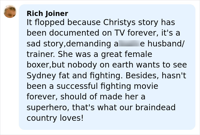 Comment criticizing Sydney Sweeney's body from a plus-size model amid Christy box office flop discussion. Comment criticizing Sydney Sweeney's body from a plus-size model amid Christy box office flop discussion.