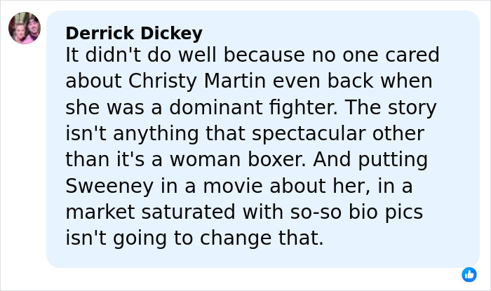 Screenshot of a social media comment discussing Christy box office flop and mentioning Sydney Sweeney’s role. Screenshot of a social media comment discussing Christy box office flop and mentioning Sydney Sweeney’s role.