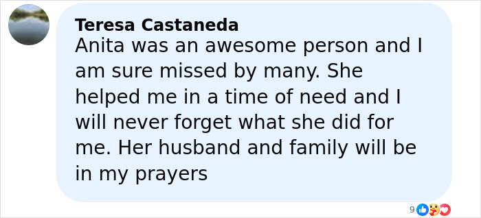 Facebook comment expressing condolences for Anita, reflecting on her impact and family prayers after a tragic event involving a former news anchor. Facebook comment expressing condolences for Anita, reflecting on her impact and family prayers after a tragic event involving a former news anchor.