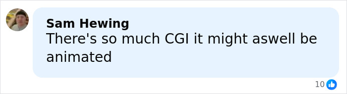 Comment by Sam Hewing criticizing CGI in Disney's live-action Moana, remarking it looks almost animated. Comment by Sam Hewing criticizing CGI in Disney's live-action Moana, remarking it looks almost animated.