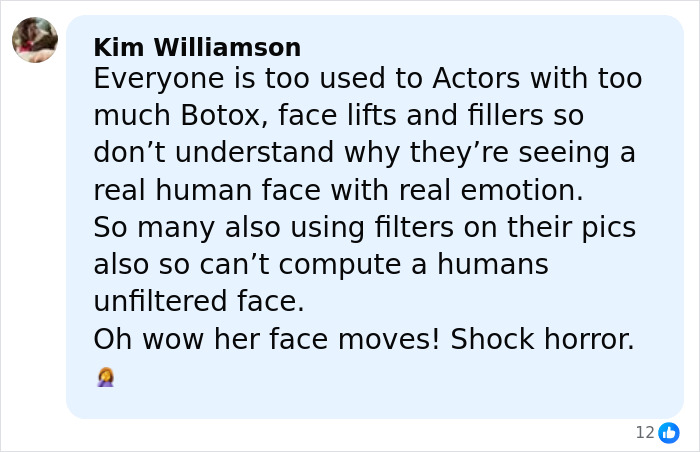 Comment by Kim Williamson discussing reactions to Claire Danes' quivering chin showing real human emotion and unfiltered face. Comment by Kim Williamson discussing reactions to Claire Danes' quivering chin showing real human emotion and unfiltered face.