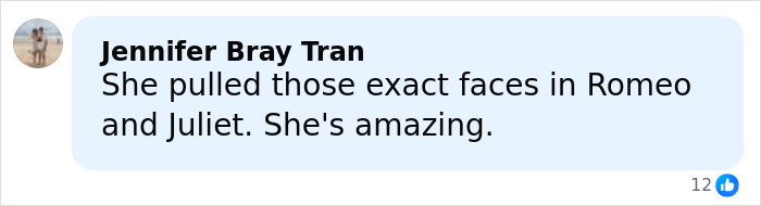 Comment by Jennifer Bray Tran praising an actress for her facial expressions in Romeo and Juliet on a social media post. Comment by Jennifer Bray Tran praising an actress for her facial expressions in Romeo and Juliet on a social media post.